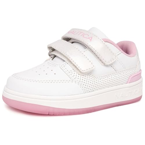 Nautica - Tenis deportivos de doble correa para niños y niñas | Zapatos deportivos casuales para niños y niñas | Ajuste duradero y cómodo para niños pequeños y pequeños, Blanco Rosa, 12 MX Niño