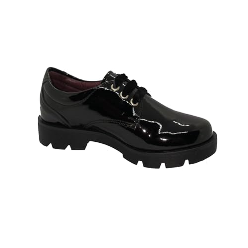 Rilo Zapatos para Niña de Charol Tipo Mocasín con agujetas para Escuela y Colegio Negro Zapatos de Uniforme de 6 Meses a 4 años Negro, Sistema Tallas Calzado JP, Niño (2-5 años), Medición, 21.0 cm