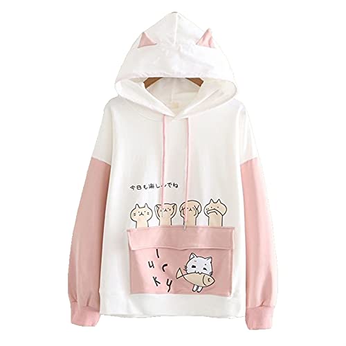 Mfacl Sudadera con Capucha Linda suéter Kawaii Hoodie suéter niña Estudiante Delgada Primavera y otoño Coreano Color Suelto Coincidencia Lindo con Capucha Orejas japonés Femenino Vestido