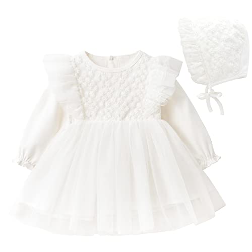 Curipeer - Vestido de bautizo para bebé y niña, vestido de tul clásico para bautizo, para primavera y verano, Vestido y sombrero-blanco, 3-6 Meses