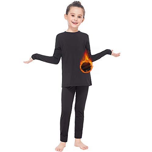GAZIAR Ropa interior térmica para niñas, ropa interior larga ultra suave, capa base para niños, conjunto largo John 4-14 años, Negro, M(9-10Y)