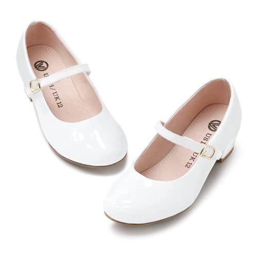 MIXIN Zapatos de vestir Mary Jane para niñas, zapatos planos de bailarina de princesa, tacones bajos para fiestas escolares, bodas, zapatos de regreso a clases para niñas (niños pequeños/niños grandes), blanco elegante, 4 Big Kid