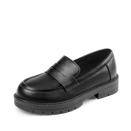 DREAM PAIRS Mocasines para Niñas con Plataforma Gruesa Zapatos de Vestir Uniforme Escolar,Size 23.5 cm,Negro,SDLO2402K