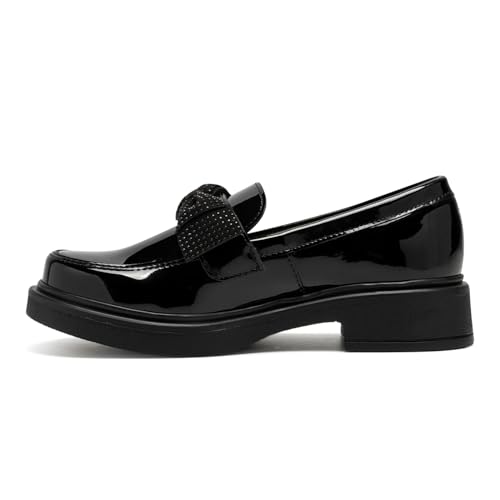 Yuyin Zapato Mocasin Escolar Niña Piel Charol Moño Negro 23263 Zapaterias Genova® (Negro, Sistema Tallas Calzado JP, Adolescente, Mujer, Medición, 21.0 cm)