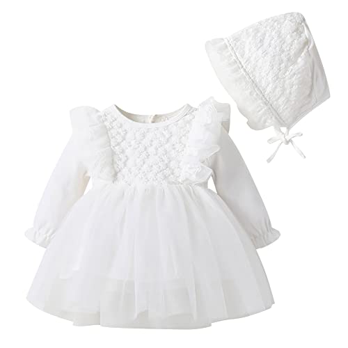 Vestido de tutú de manga larga para bebé recién nacido, vestido de encaje con sombrero, cumpleaños, bautizo, Navidad, traje de otoño, Blanco y manga larga, 3-6 Meses