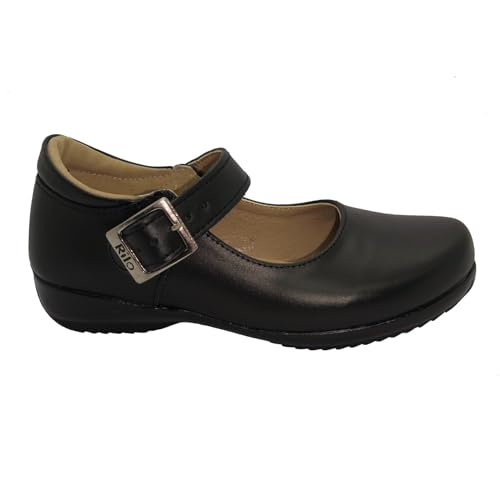 Rilo Zapatos para Niña de Piel Tipo Mocasín para Escuela y Colegio Negro Zapatos de Uniforme Negro, Sistema Tallas Calzado JP, Niño (2-5 años), Medición, 18.0 cm