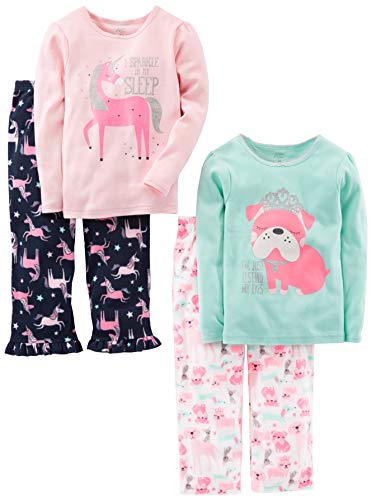 Simple Joys by Carter's - Conjunto de pijama de 4 piezas para niñas (parte superior de algodón y parte inferior de forro polar), cachorro/unicornio, 4