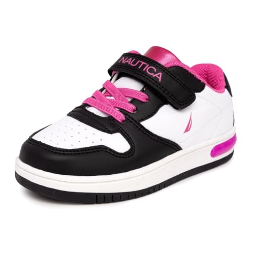 Nautica - Tenis para niños con correa ajustable y correas elásticas | Zapatos casuales cómodos para niños y niñas (niños pequeños/niños), Blanco negro rosa, 18 MX Niño pequeño