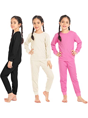 Resinta - Juego de 3 ropa interior térmica para niñas, diseño de gofres de algodón térmico para invierno, capa base larga y cálida, Negro, beige, rosa intenso, 10-12 Años