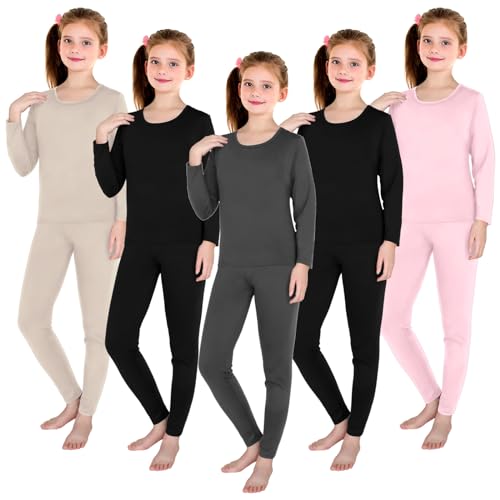 Silkfly - Juego de 5 ropa interior térmica para niñas, con forro polar largo, suave, cálido, capa base y pantalón para invierno, 2 negro, 1 gris, 1 rosa y 1 color nude, Small