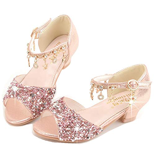 LFHT - Sandalias para niñas pequeñas y niñas, con diamantes de imitación, con lentejuelas, tacones bajos, zapatos de fiesta y baile, Rosado, 20 MX Niño pequeño