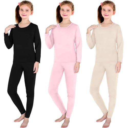 3 Sets Ropa Interior Térmica de Niñas Superior e Inferior Térmica de Invierno con Forro Polar (Negro, Rosa, Carne, L)