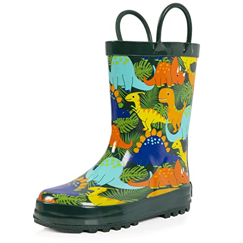 Landchief Botas de lluvia para niños pequeños y niñas, Botas de goma impermeables para niños pequeños y grandes con manijas fáciles de poner y estampado animal, Size 7, Dino