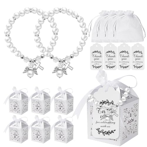 Winocbxt - Juego de 100 piezas de recuerdos de bautizo, 24 mini pulseras de rosario, 24 cajas de regalo, 26 etiquetas de agradecimiento y 26 bolsas de organza, perfecto para baby shower y suministros