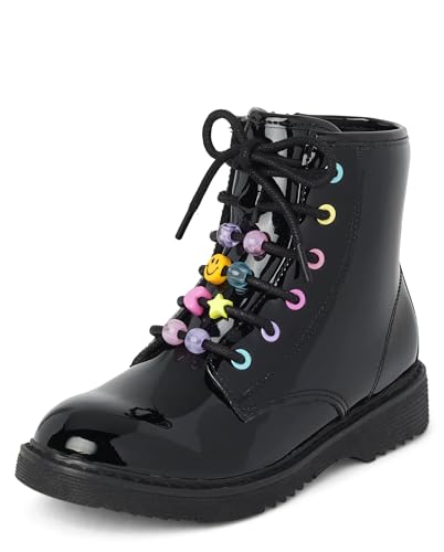 The Children's Place - Botas de combate con cordones para niña, negro (Black Beaded), 3 Big Kid