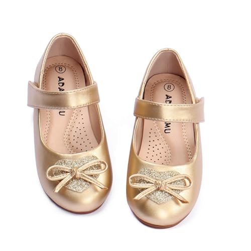 ADAMUMU Grils - Zapatos de vestir para niña con flores para deshierbar y niñas pequeñas, zapatos Mary Jane, zapatos casuales de encaje Flore Ballet planos y 12 tamaños, Lazo de velcro-dorado, 15 MX Niño