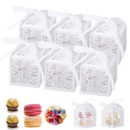 50 Cajas Papel para Dulces Recuerdos de Fiestas,Caja de Papel para Regalo de Boda,Cajas huecas de cruz blanca de boda para bautismo, Baby Shower, decoraciones de boda con 50 cintas