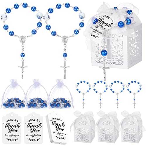 Yinkin Juego de 100 piezas de recuerdos de bautismo incluye 25 piezas de mini rosario, 25 cajas de regalo de bautizo, 25 bolsas de organza blancas, 25 etiquetas de agradecimiento Kraft (azul)