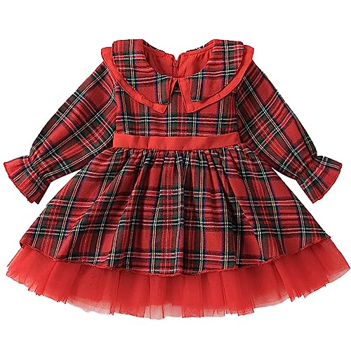 Vestido de Navidad de manga larga para bebé y niña, cuello de muñeca a cuadros, con lazo grande, vestido de empalme de tutú, Rojo -, 3 Años