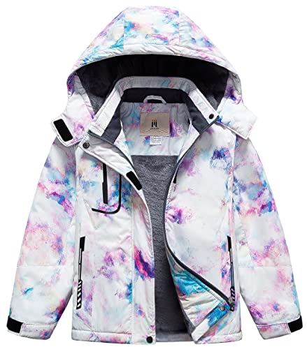 CREATMO US Chaqueta de esquí impermeable para niña Abrigo de nieve cálido de lana de invierno Chaqueta de lluvia de snowboard a prueba de viento… Estampado morado 10-12