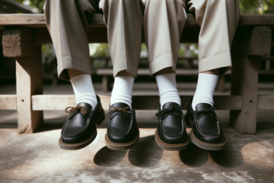 niños sentados con zapato mocasin escolar