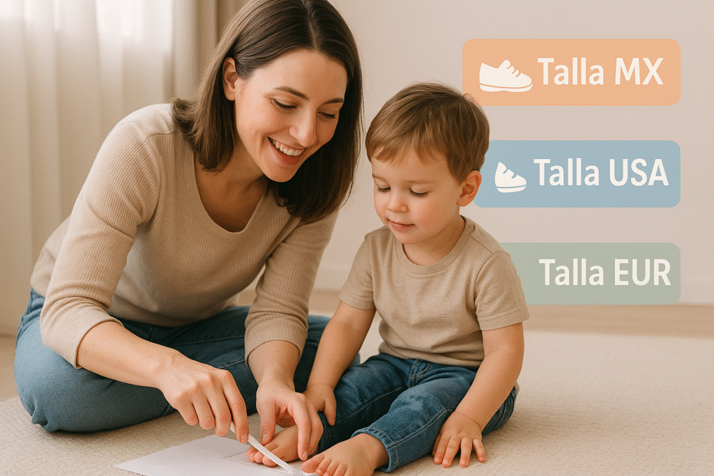 Mamá midiendo el pie de su hijo con una regla para elegir talla infantil mexicana e internacional
